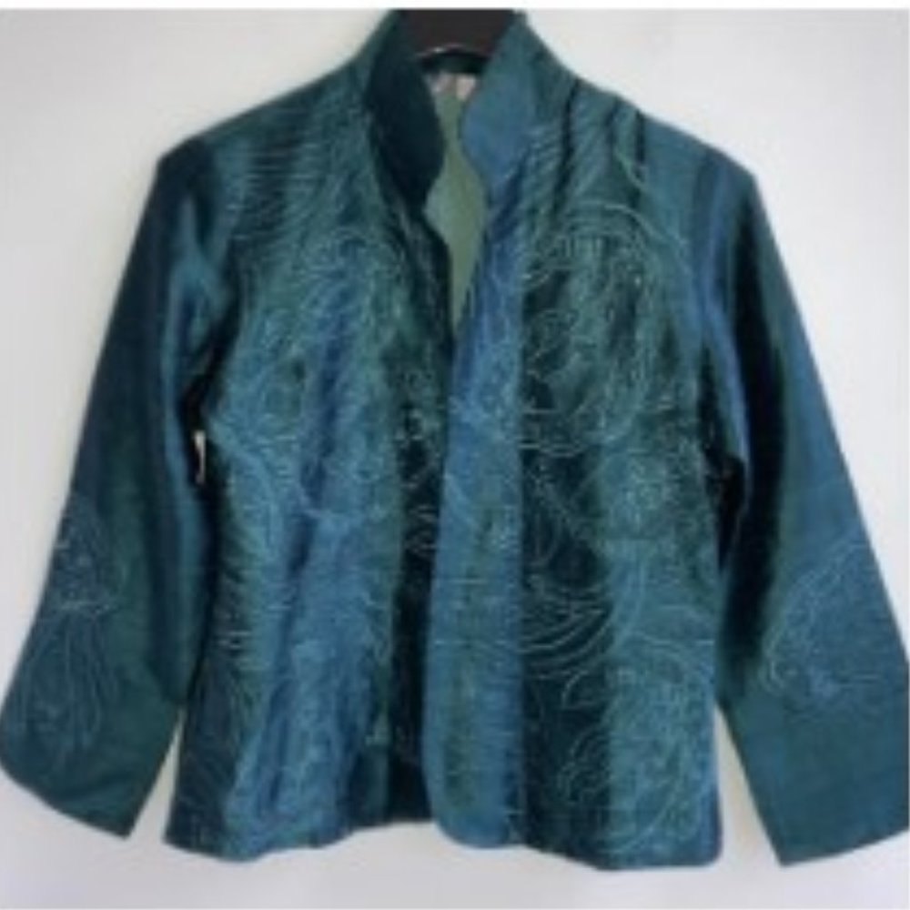 Anu S Silk Paisley Floral Embroidered Open Blazer in Teal Forest Green
